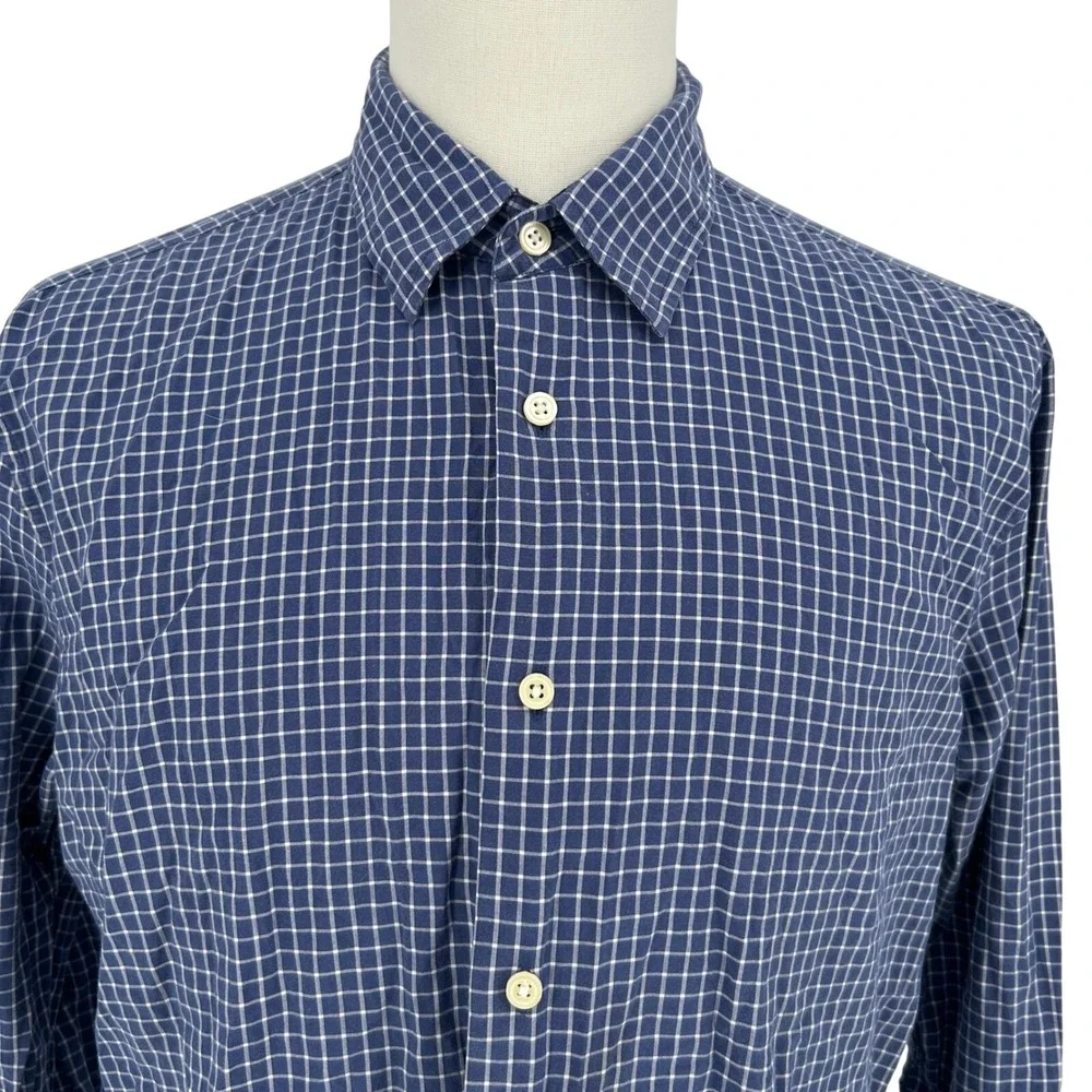 Mens Blue Check Cotton Long Sleeve Button Up Collared Dress Shirt L Workwear - Picture 3 of 7